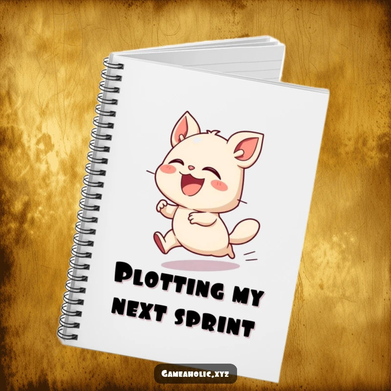 Funny notebook featuring a small creature laughing hysterically while playing at a blur of speed, ready to capture quick notes.