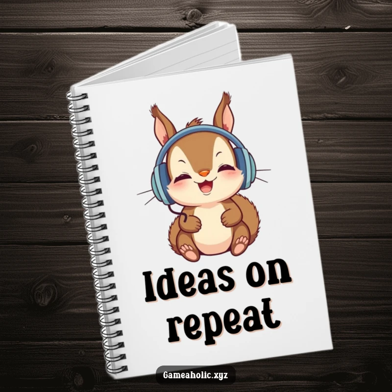 Funny Notebook with a squirrel wearing headphones, intensely focused on a screen, great for note-taking.