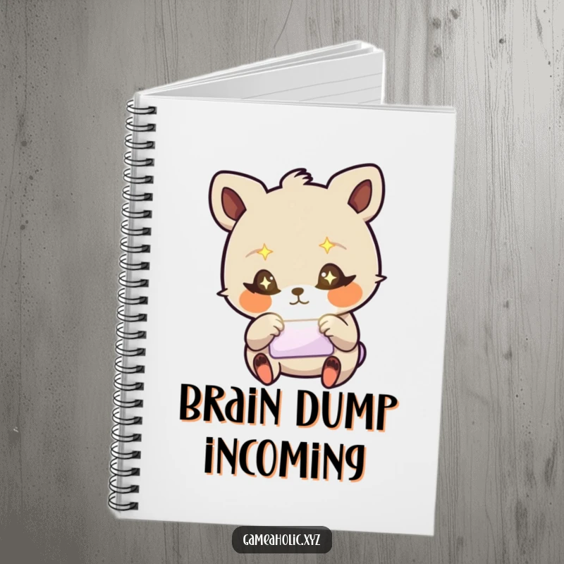 Funny notebook with a stylized animal, starry eyes, frantically tapping a glowing screen, perfect for writing.