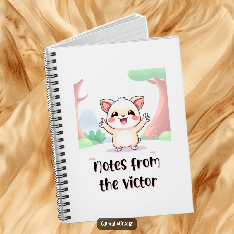 Funny happy creature in a digital world striking a victory pose, spiral notebook, lined pages, humorous stationery.