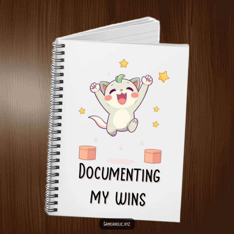 Funny notebook showcasing a cute creature in a dynamic leap, celebrating a virtual victory, perfect for note-taking and inspiration.