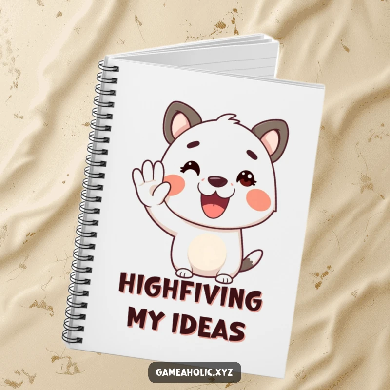 Funny animal character notebook, cheerful expression, offering a virtual high-five, perfect for notes.