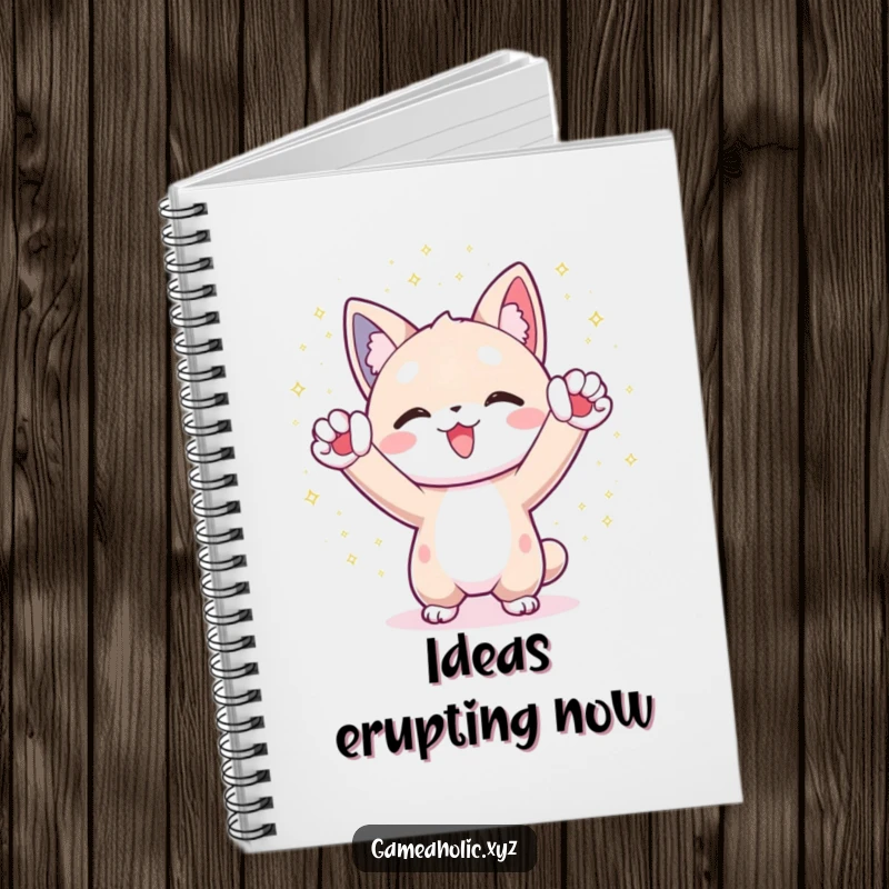Funny Notebook: Character cheers with paws raised amid shimmering digital particles, perfect for joyful notes.