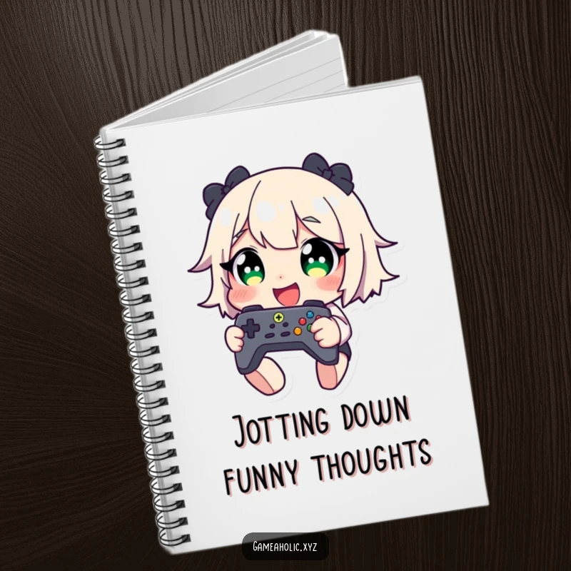 Funny notebook with a giggling character and wide eyes holding a game controller, ideal for notes, ideas, and gaming plans.
