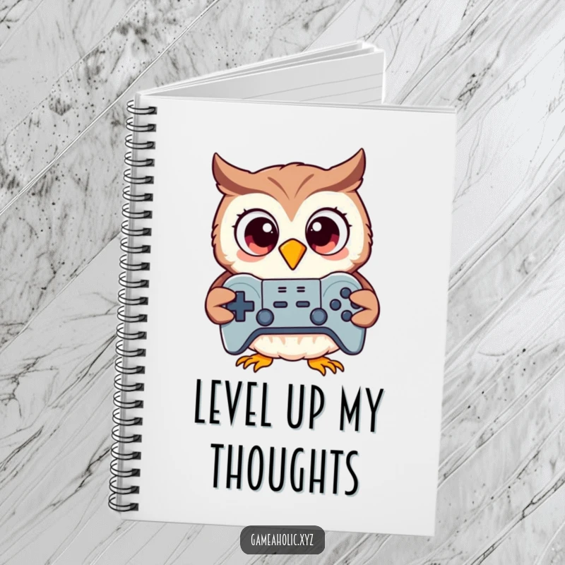 Funny excited owl holding a game controller, spiral notebook, lined pages for writing, humorous stationery.