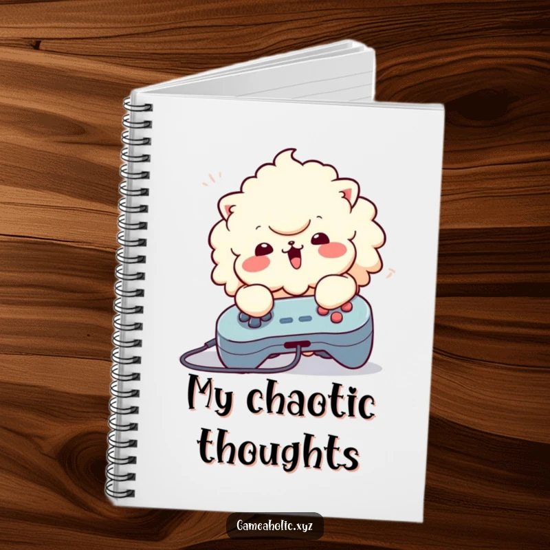 Funny Notebook: Fluffy character energetically mashing buttons on a game controller, perfect for creative note-taking.