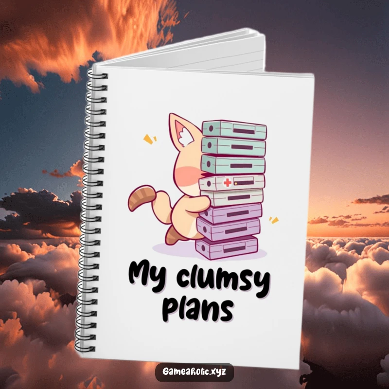 Funny tripping gamer notebook featuring a clumsy animal character comically tripping with a pile of game cartridges, ready for notes.