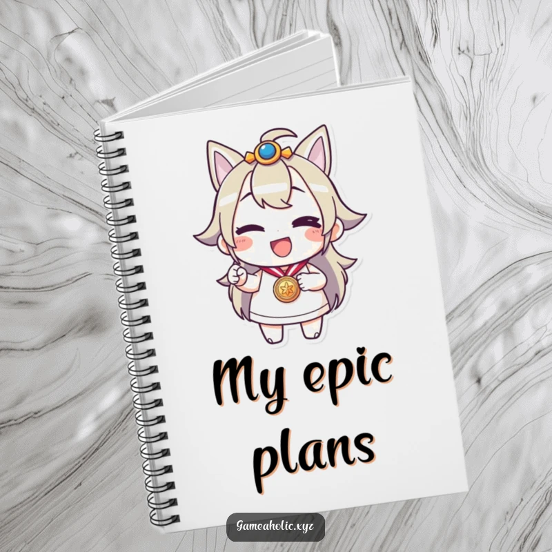 Funny notebook with a cheerful character winking and holding a medal, ideal for jotting down ideas and achievements.