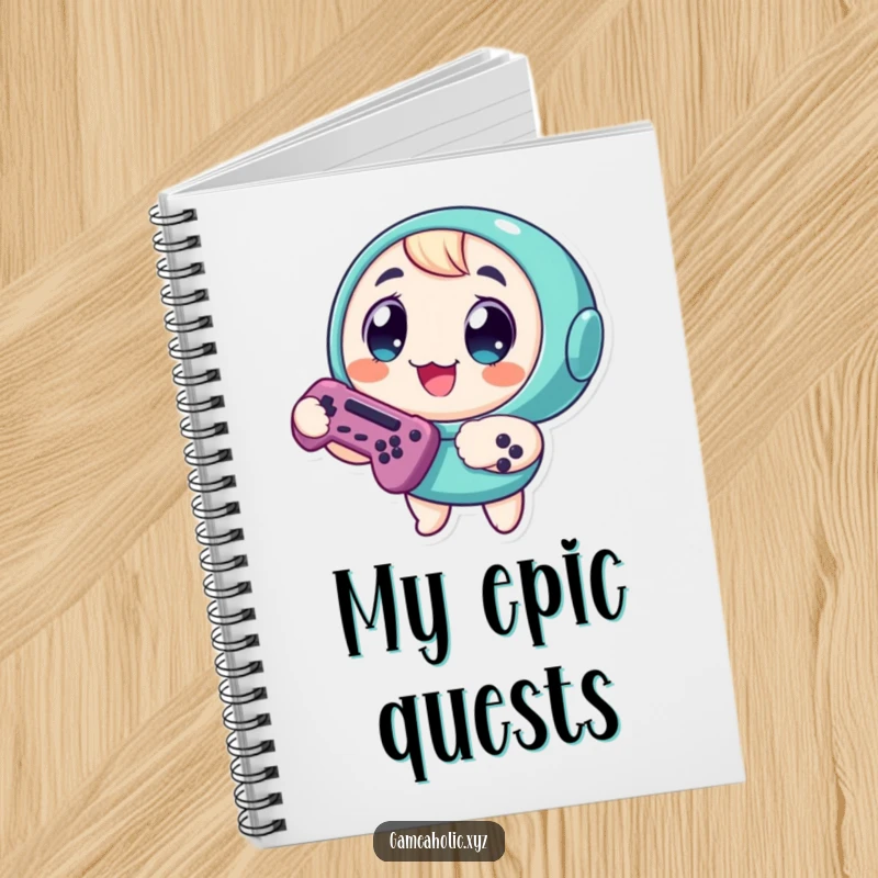 Funny Notebook: Round character with large, enthusiastic eyes, holding a game controller, perfect for jotting ideas.