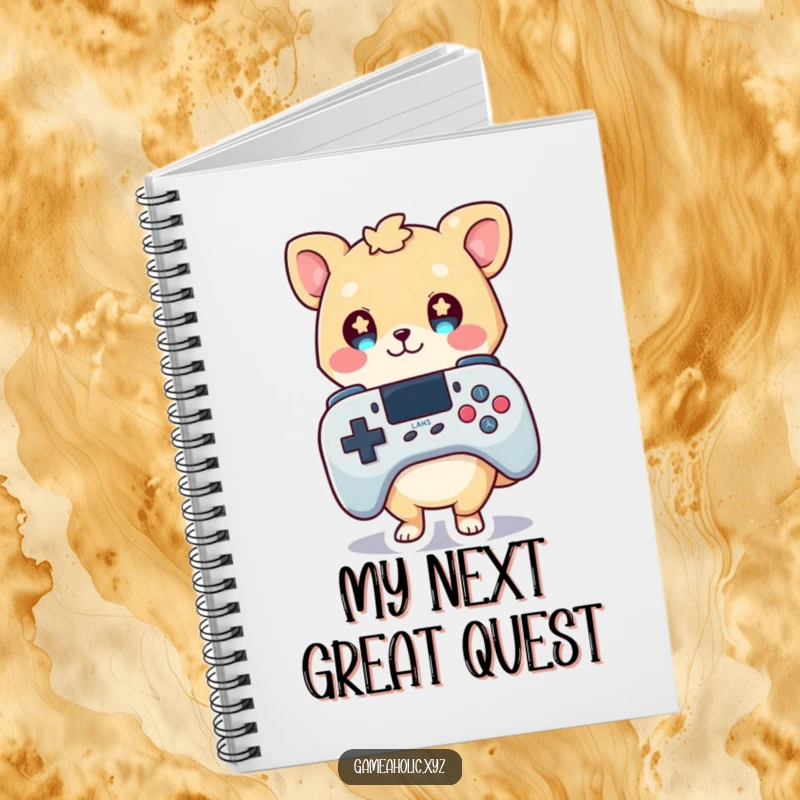 Funny notebook cover illustration of a cute animal character holding a large game controller, eyes full of starry ambition.
