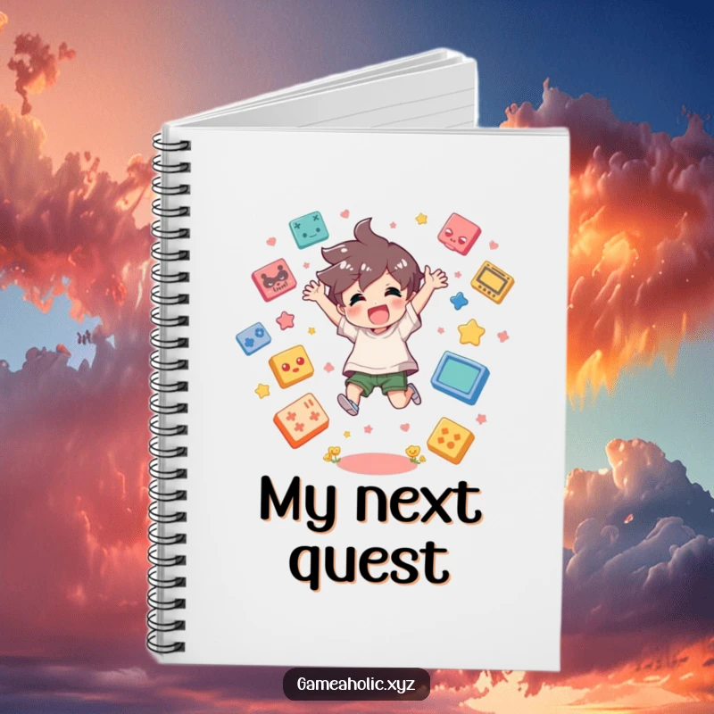 Funny Notebook with a character jumping high, surrounded by game icons, ideal for gamers to jot down notes.