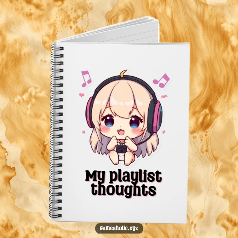 Funny notebook with a character wearing headphones, headbanging to in-game music, perfect for taking notes in style and with humor.
