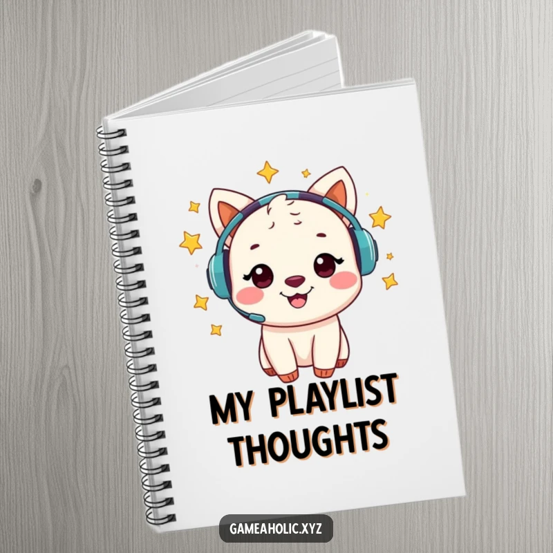 Funny notebook featuring a cheerful animal character wearing a headset with stars swirling around it.