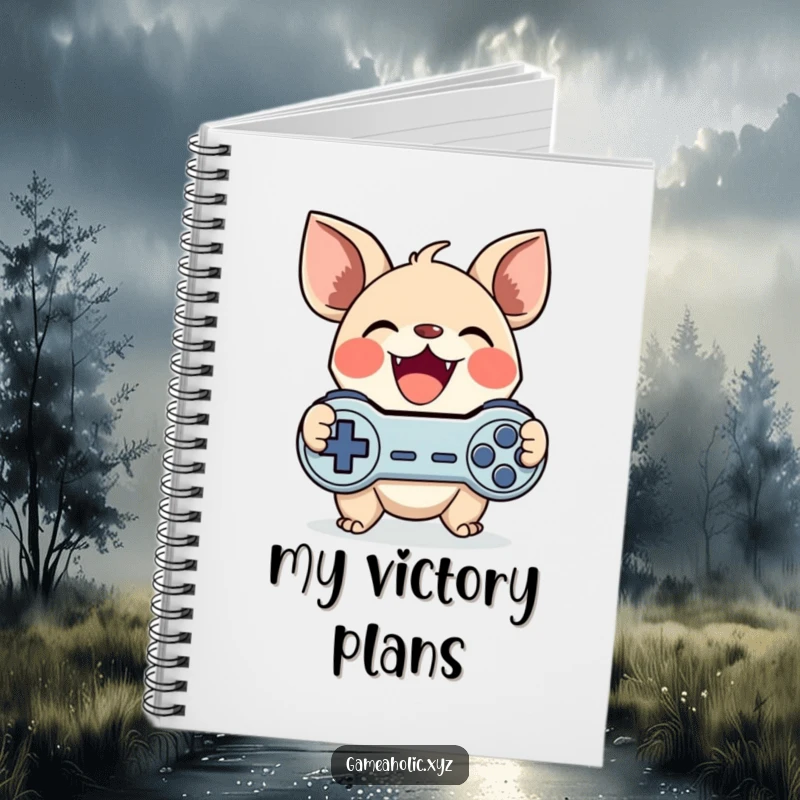 Funny gamer creature notebook showing a cute character with large ears gleefully clutching a game controller, perfect for jotting funny notes.