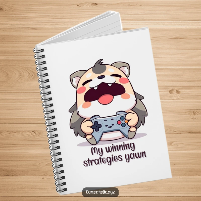 Funny yawning animal character with a controller on a notebook cover, for logging gaming sessions.
