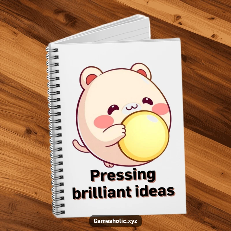 Funny round animal character notebook, rosy cheeks, eagerly pressing a large, glowing button, perfect for notes.