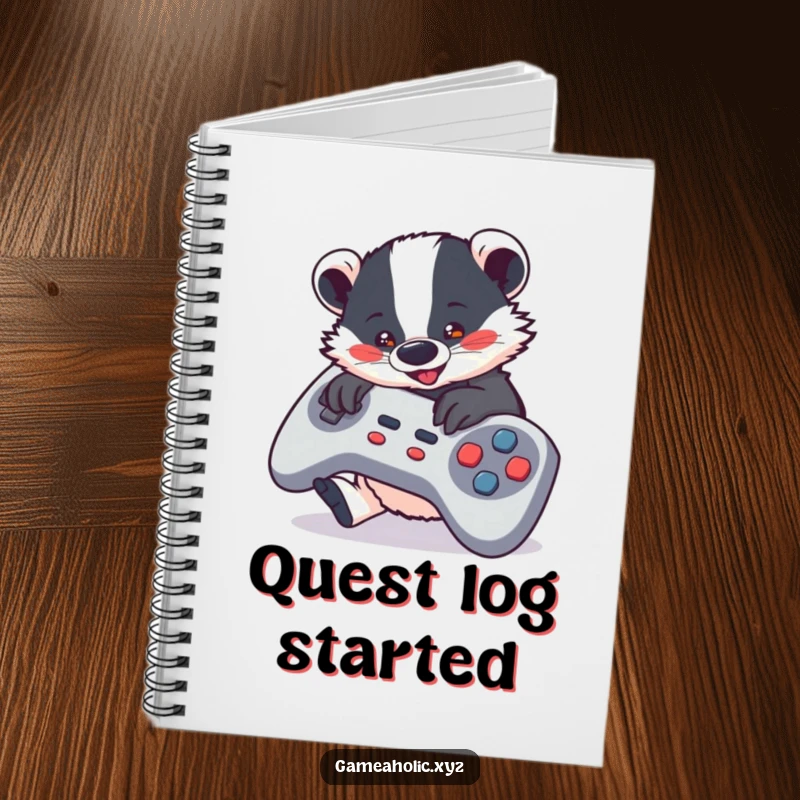 Funny Notebook depicting a cute badger intensely mashing game controller buttons, perfect for gamer notes and strategy.