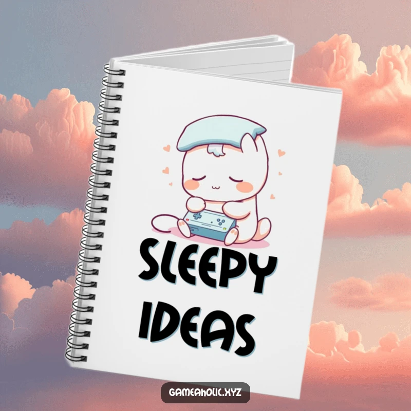 Funny notebook with a sleepy creature with a pillow for a head, playing a game, ideal for jotting down drowsy thoughts.