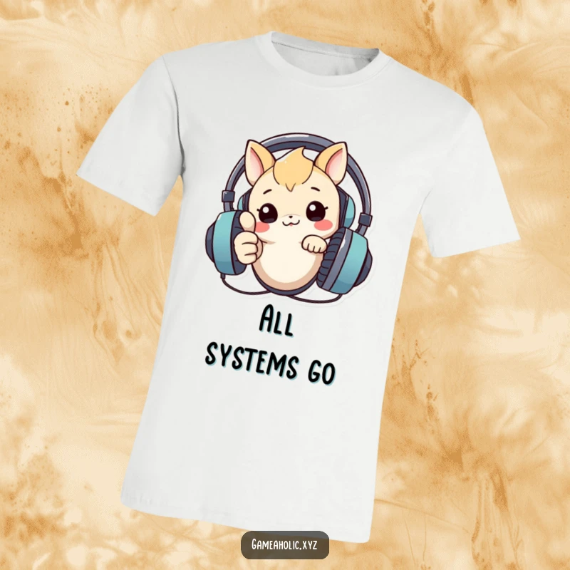 Funny t-shirt showing a creature peeking over a large headset, giving a clear thumbs up, representing a positive tech experience.