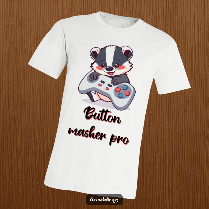 Funny T-Shirt with a cute badger enthusiastically pressing buttons on an oversized game controller, perfect for gamers.