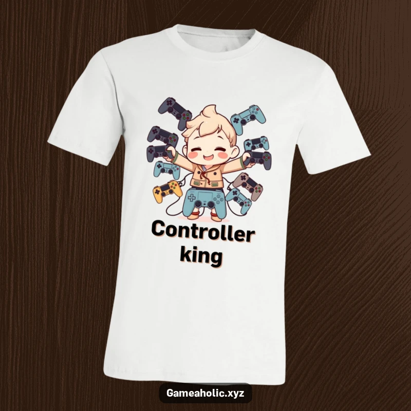 Funny T-Shirt: Character balancing many game controllers, sporting a big, goofy grin, celebrating gaming multitasking.