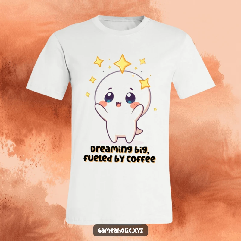 Funny t-shirt depicting a character with stars in its eyes, actively reaching for a shimmering floating icon, conveying pure aspiration.