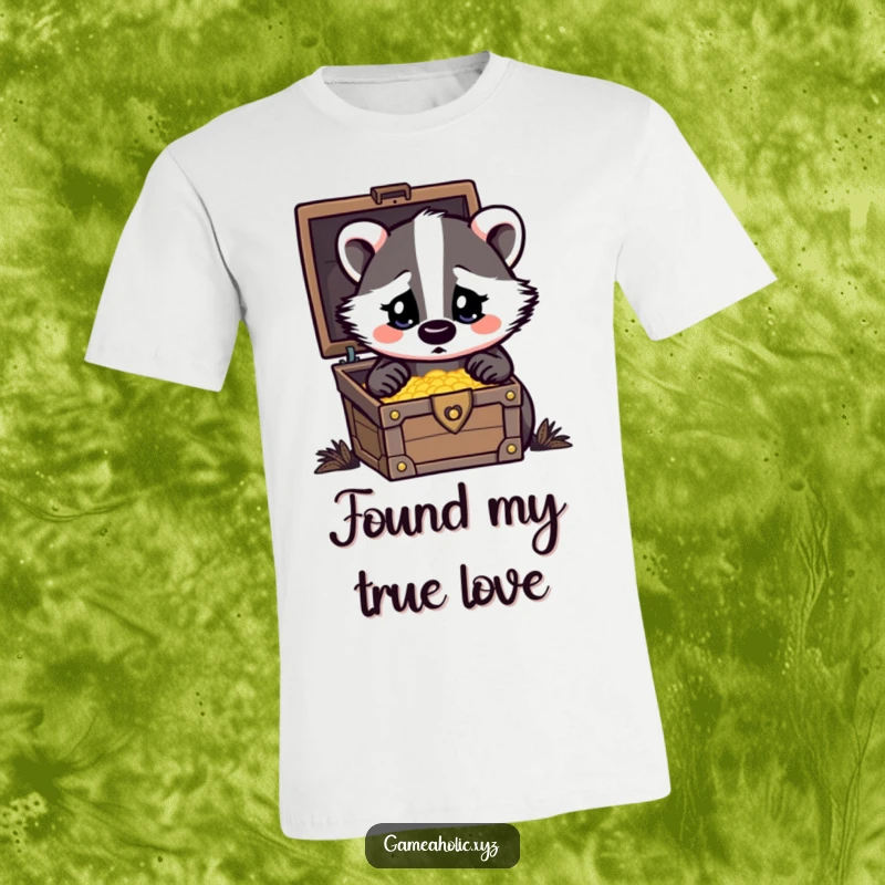Funny T-Shirt displaying a surprised badger with wide heart eyes, fixated on a sparkling treasure chest.