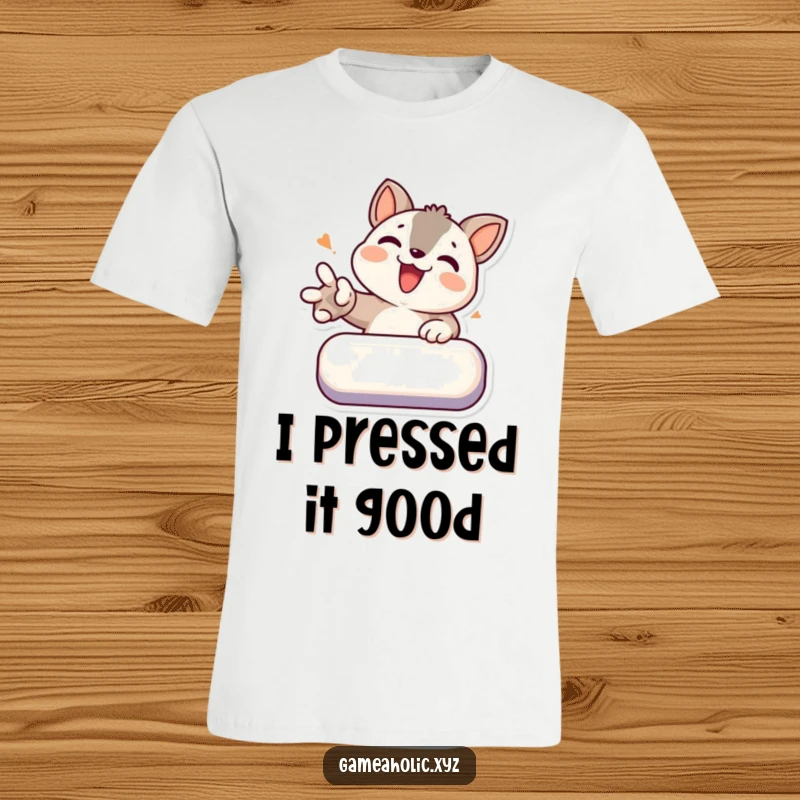 Funny t-shirt showcasing a focused animal character vigorously pressing a virtual button, embodying gamer determination.