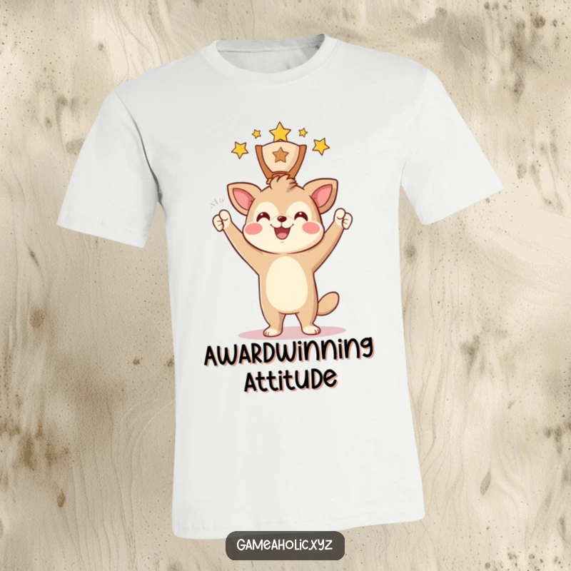 Funny T-Shirt depicting an animal character proudly holding up a digital award with a happy, funny expression.