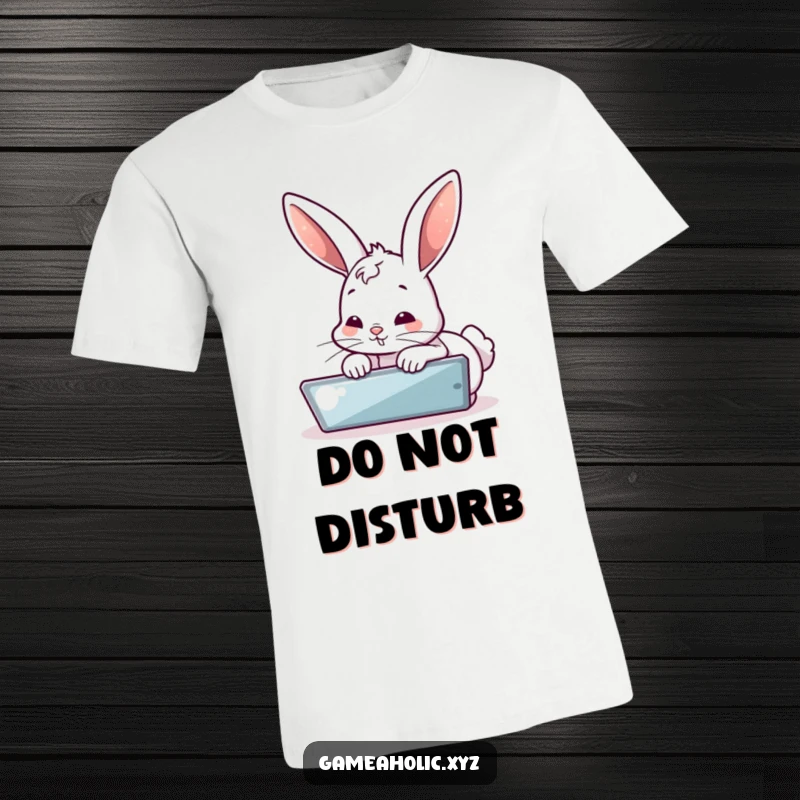 Funny t-shirt with a bubbly bunny intensely staring at a digital screen, capturing the essence of modern focus. A great funny gift.