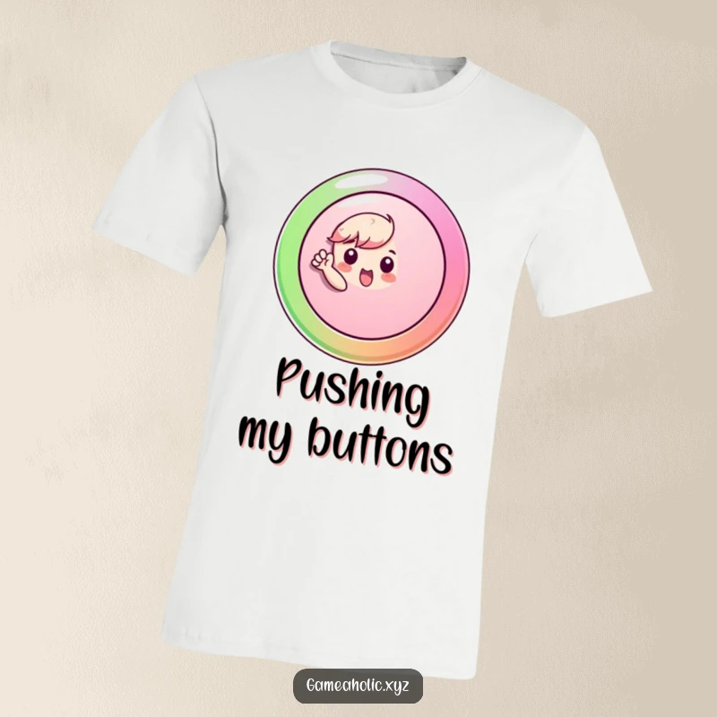 Funny T-Shirt showcasing a small character pressing a huge, colorful button with great enthusiasm and a funny expression.