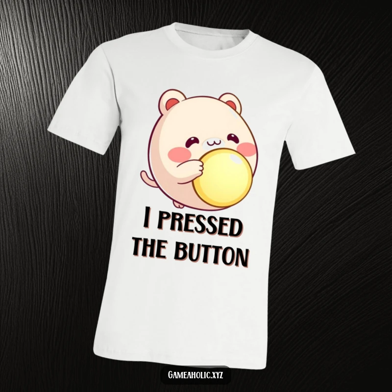 Funny round animal character t-shirt, rosy cheeks, eagerly pressing a large, glowing button, excited.