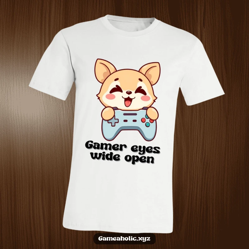 Funny T-Shirt: A cute animal character holds a game controller, eyes crossed in excitement.