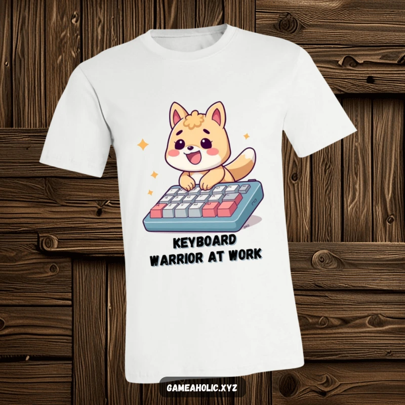 Funny T-Shirt: An energetic animal smiles, tapping rapidly on an oversized keyboard with zeal.