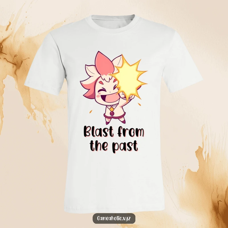 Funny T-Shirt: Character grins widely, aiming a humorous energy blast, showcasing a powerful and funny design.