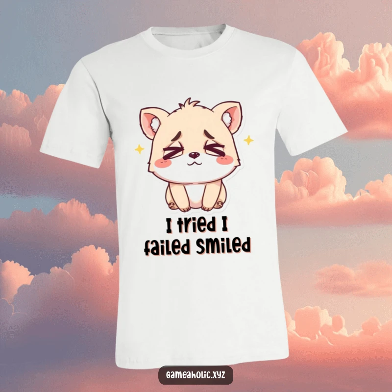 Funny t-shirt featuring a small, cute animal character with dramatically crossed eyes, wearing an exhausted yet happy smile.