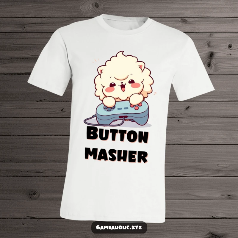 Funny T-Shirt: Fluffy character energetically pounding buttons on a game controller with visible glee.