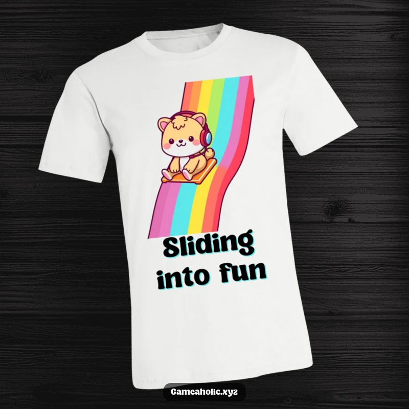 Funny t-shirt featuring a cheerful animal with a headset, sliding down a rainbow pixelated slide, great for comfort.