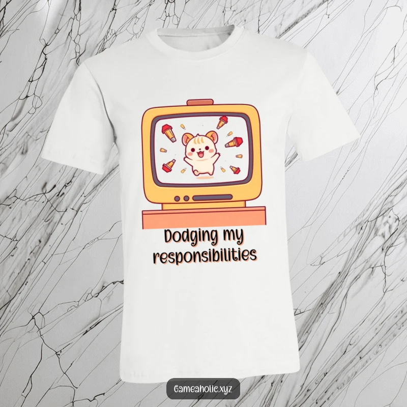 Funny small animal character t-shirt, joyfully dodging falling projectiles on a game screen, epic gamer style.