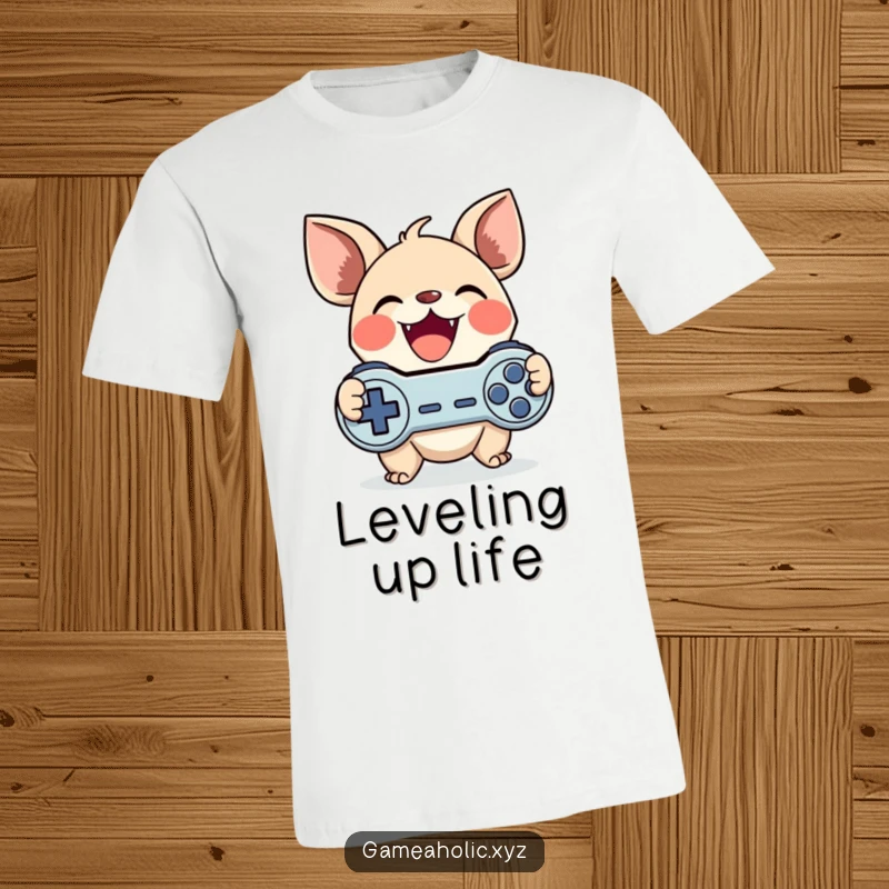 Funny gamer creature t-shirt featuring a cute character with large ears gleefully clutching a game controller, great for a funny gift.
