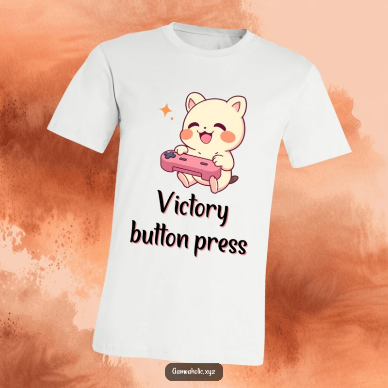 Funny T-Shirt depicting a small, joyful creature enthusiastically mashing video game controller buttons.