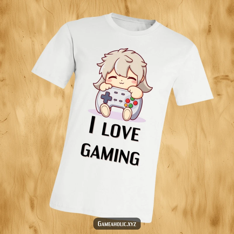Funny T-Shirt: A character hugging a plush game controller tightly, humorously displaying their deep affection for video games.