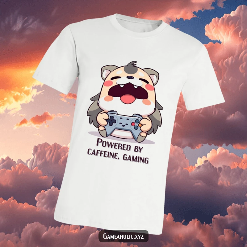 Funny yawning animal character clinging to a game controller on a t-shirt, highlighting gaming passion.