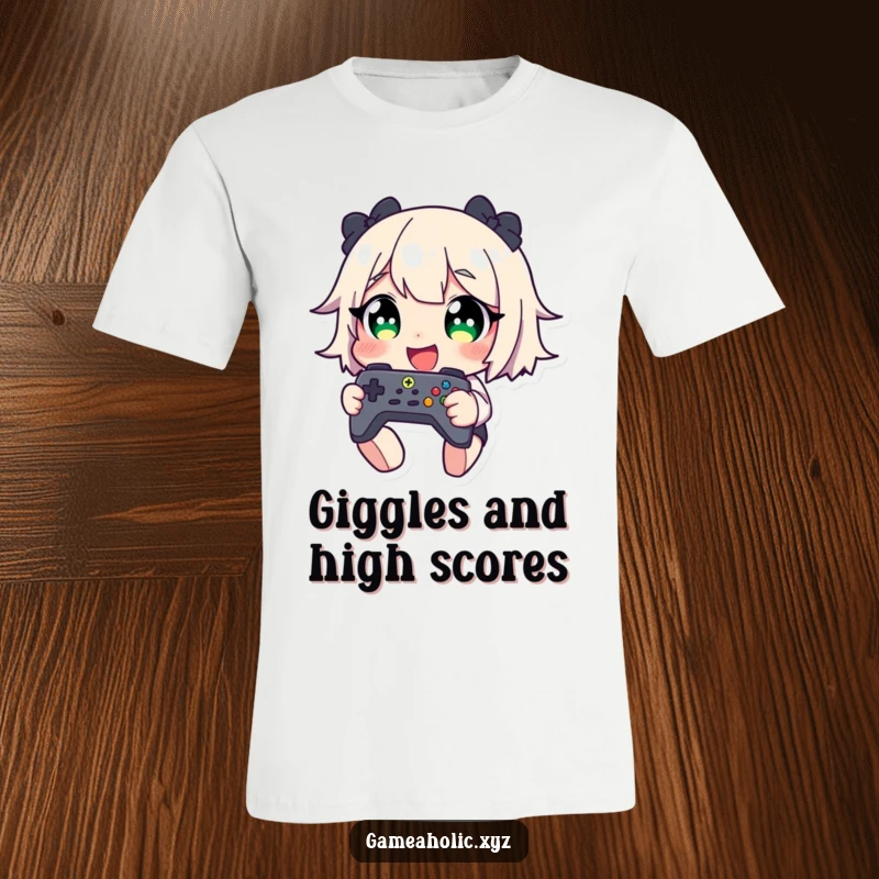 Funny t-shirt featuring a character with comically wide eyes, caught mid-giggle while gripping a game controller, showcasing pure gaming bliss.