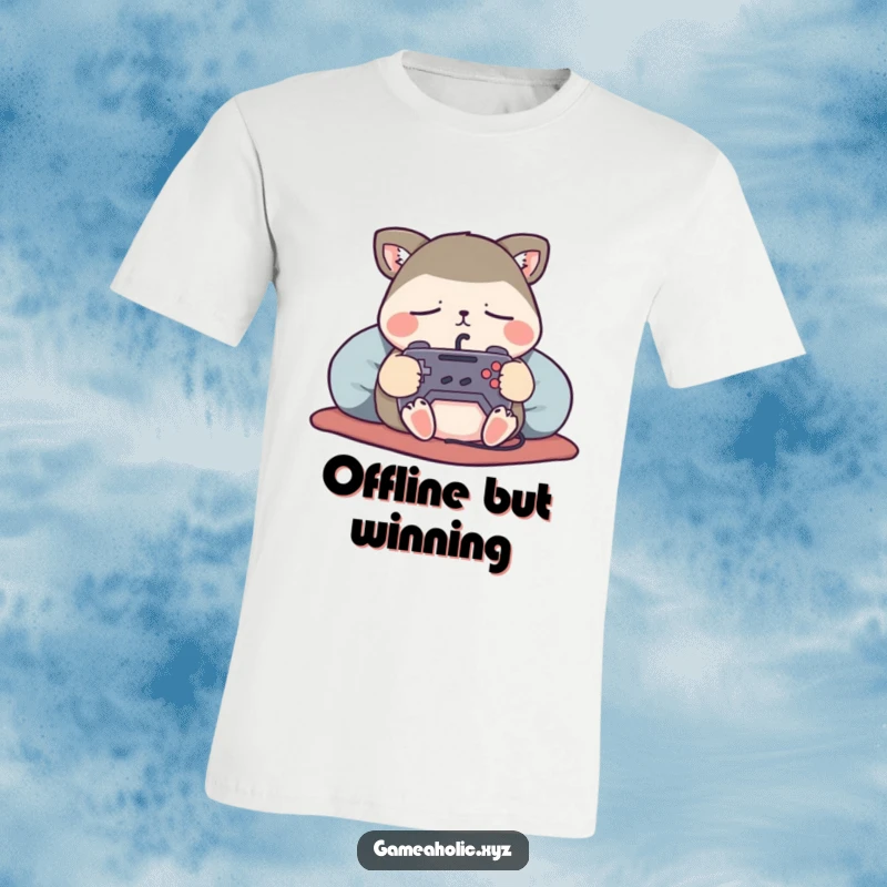 Funny T-Shirt depicting a content animal character sleeping peacefully, clutching a small game controller, perfect for relaxed gamers.