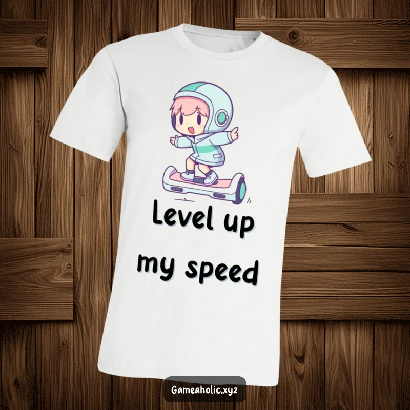 Funny t-shirt depicting a character happily zipping around on a small hoverboard, conveying joy and modern fun.