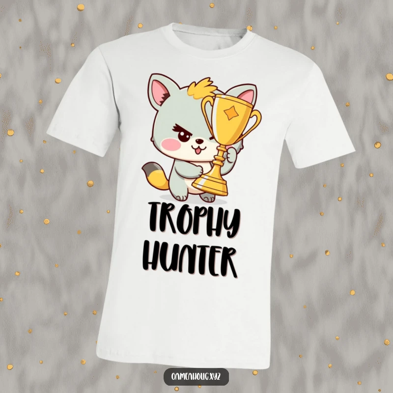 Funny t-shirt featuring a winking animal character triumphantly holding a shiny trophy, radiating mischievous pride.