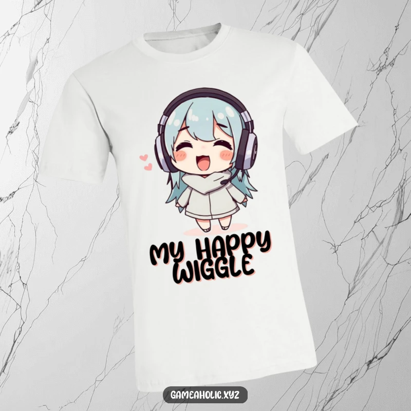 Funny T-Shirt showing a delighted character in headphones wiggling joyfully, capturing the infectious happiness of music.