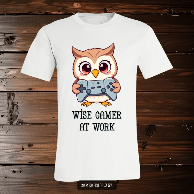 Funny cartoon owl with big eyes clutching a game controller, wearing a t-shirt, excited gamer.