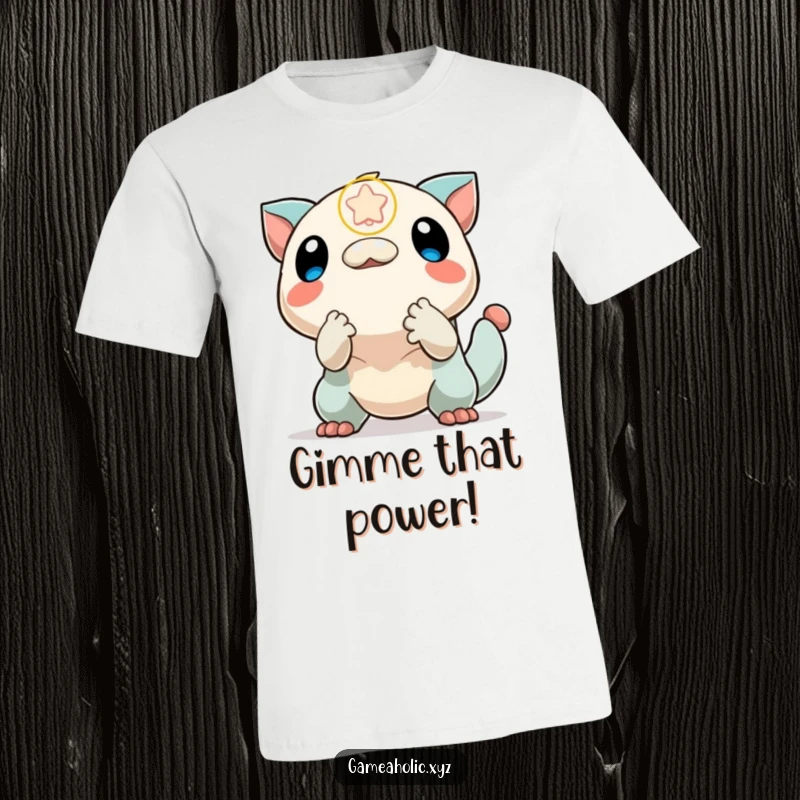 Funny t-shirt depicting a creature with wide eyes, triumphantly reaching for a falling power-up icon in a burst of excitement.